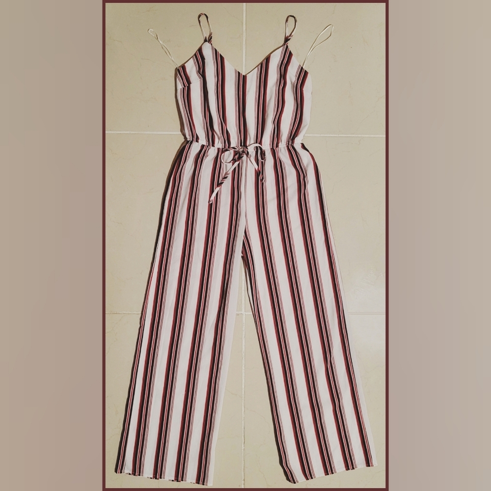 F21 Ambiance Apparel Casual Striped Wide Leg Camisole Jumpsuit Romper Size Small